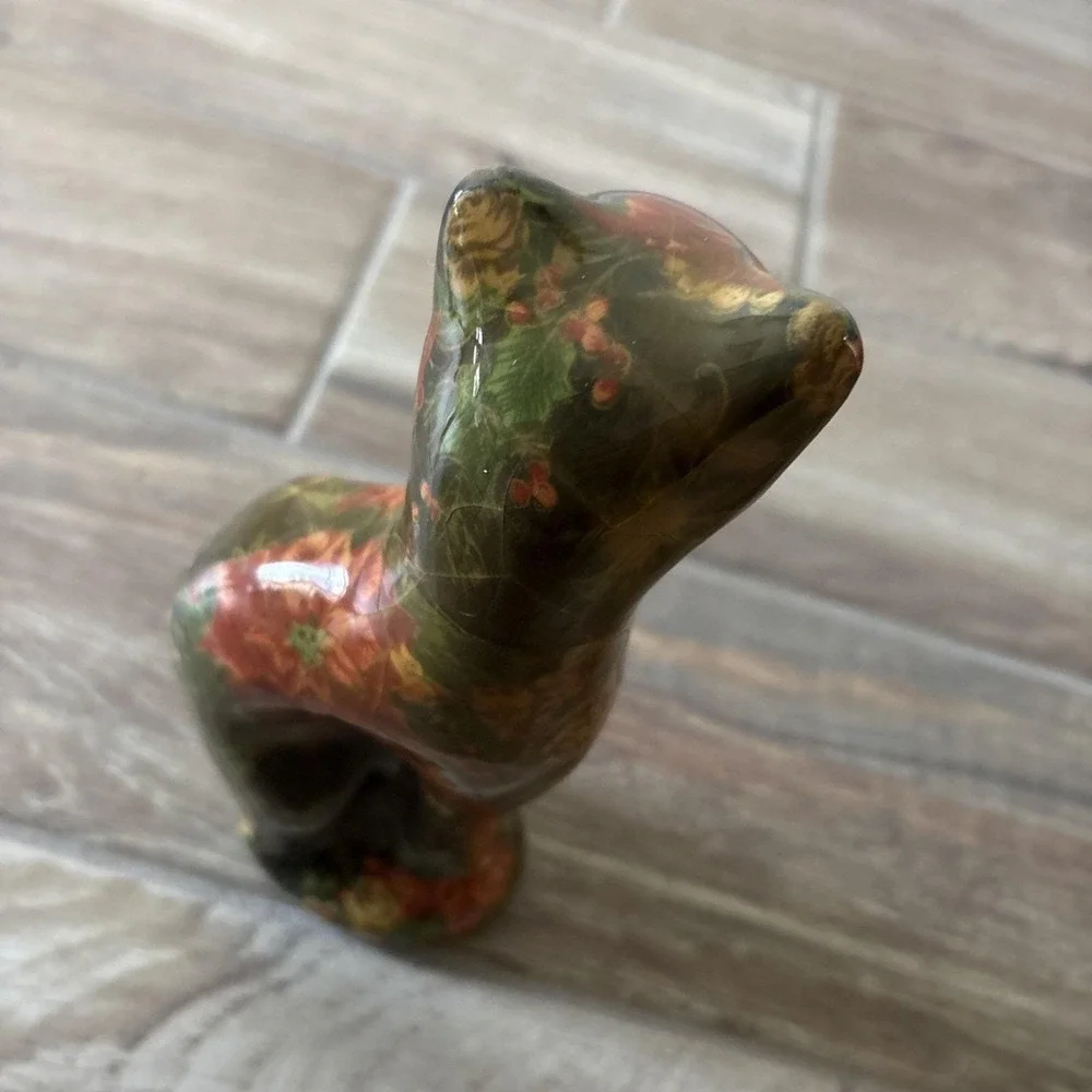 Vintage Cat‎ Decoupage Look Poinsettia Green Floral Figurine Statue 9